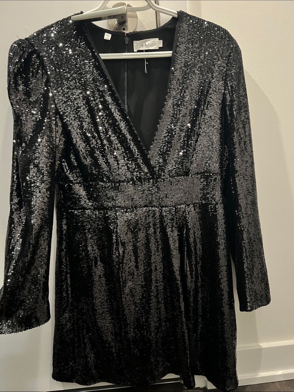 A.L.C. Black Sequin V-Neck Long Sleeve Mini Dress